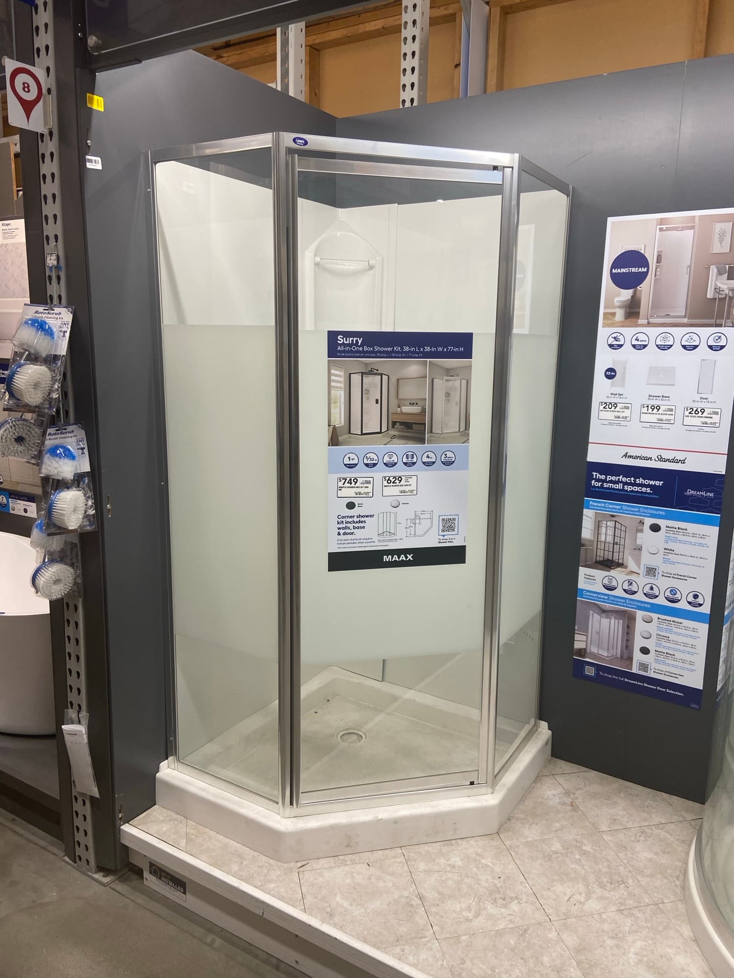 MAAX corner shower enclosure kit on display ahead of an Orange County installation