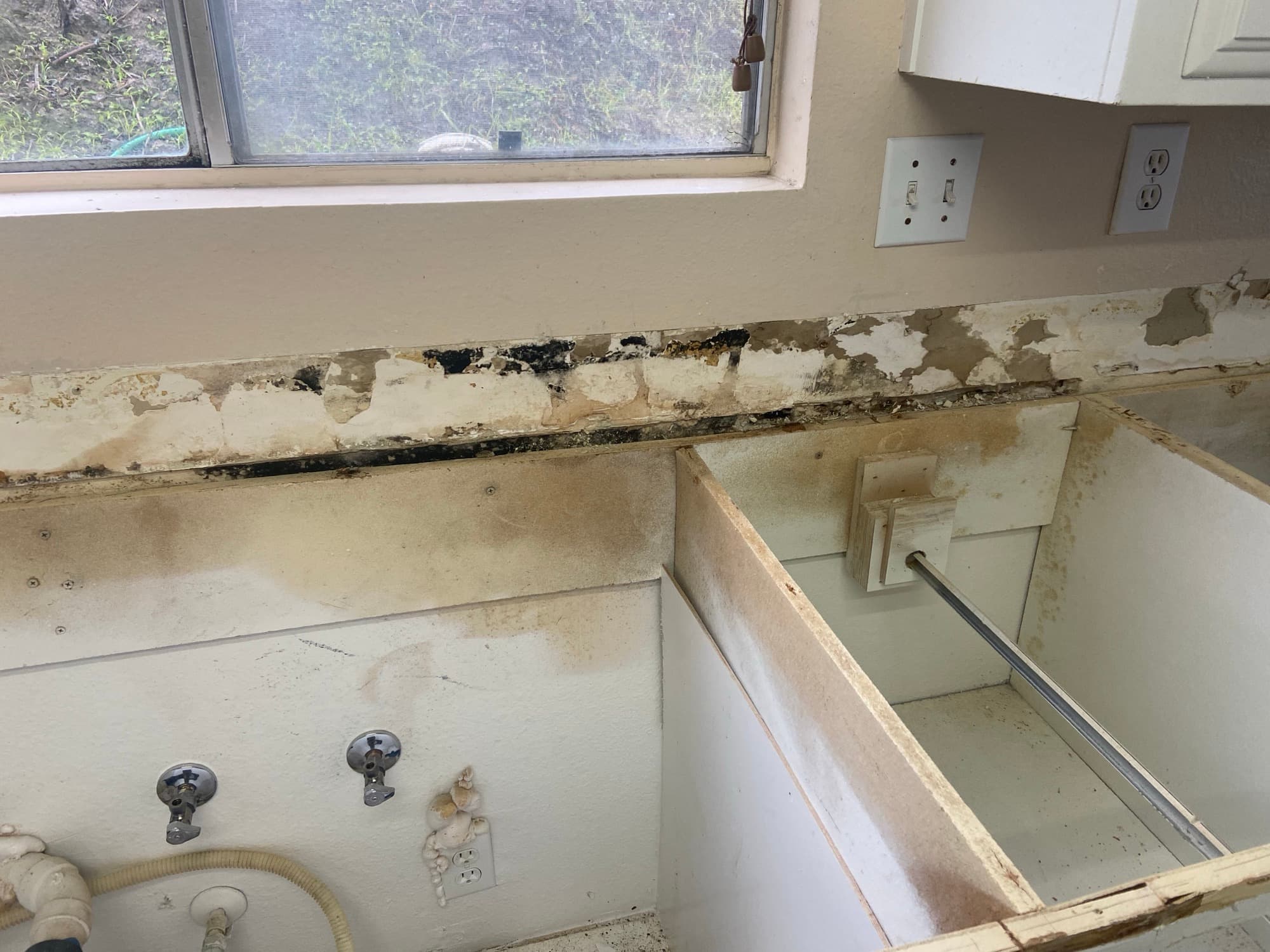 Water-damaged kitchen cabinet with mold exposed near the sink shutoff valves, Orange County, CA